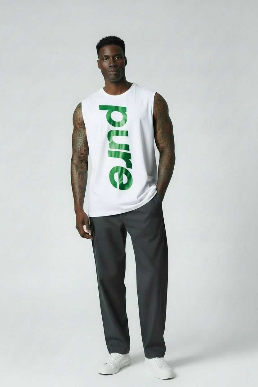 White sleeveless shirt w/ green print