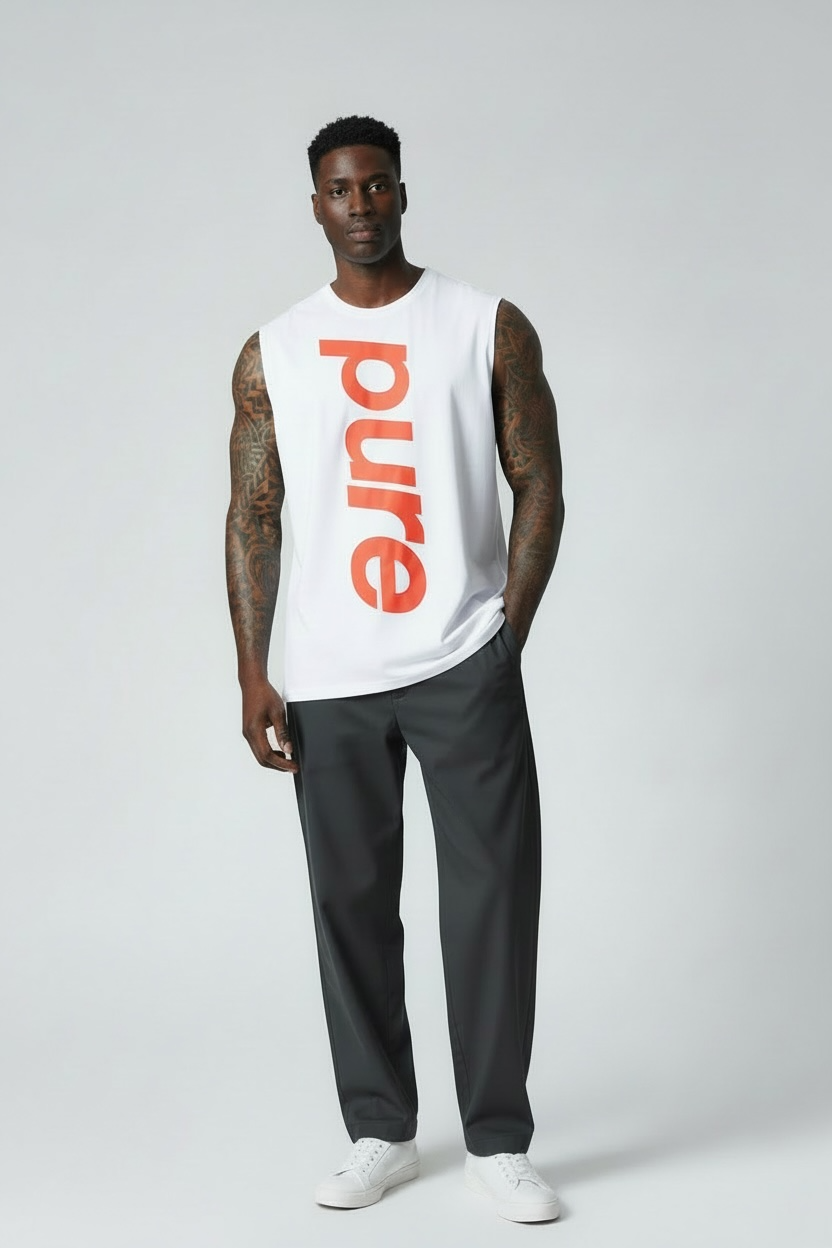 white sleeveless shirt w/ red print